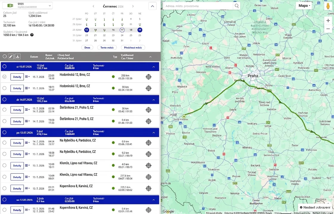Seznam sledovaných kontejnerů v aplikaci s mapou