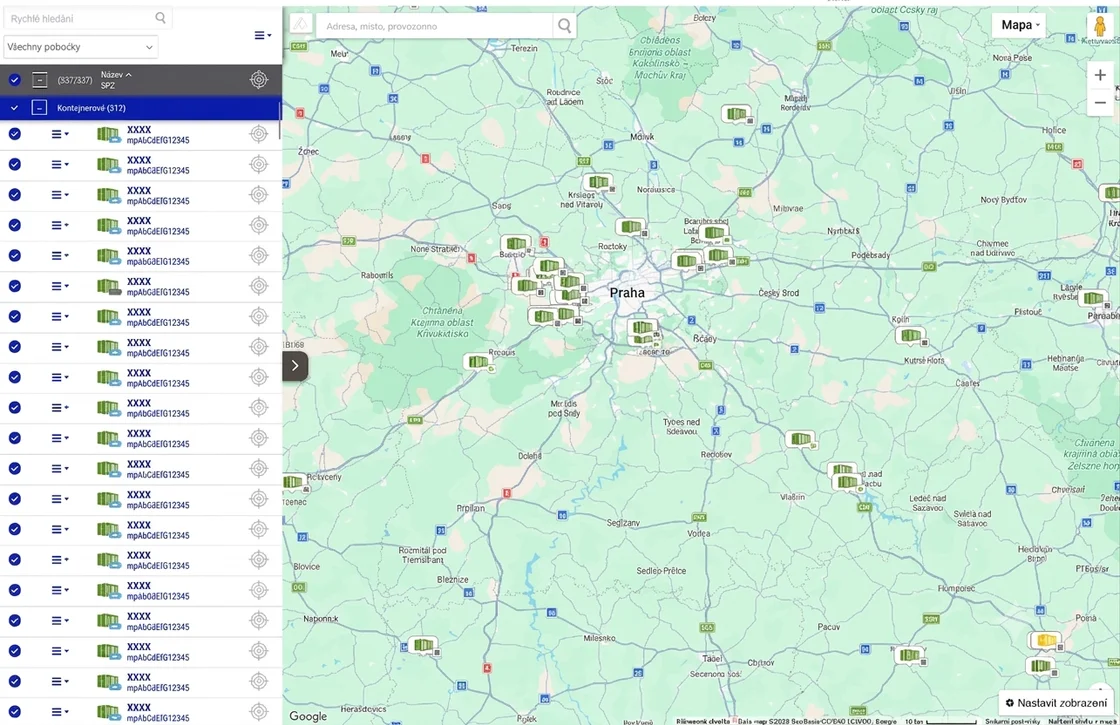 Přehled jízd a trasy zařízení v aplikaci
